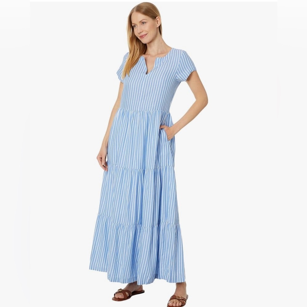 Pact Sunset 100% Organic Cotton Notch Neck Maxi Dress Blue Bondi Stripe